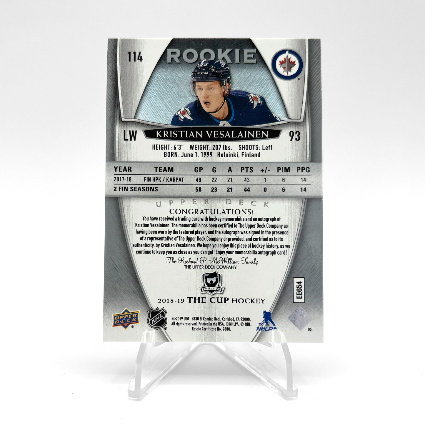 2018-19 - UD THE CUP - ROOKIE AUTO PATCH - KRISTIAN VESALAINEN 204/249