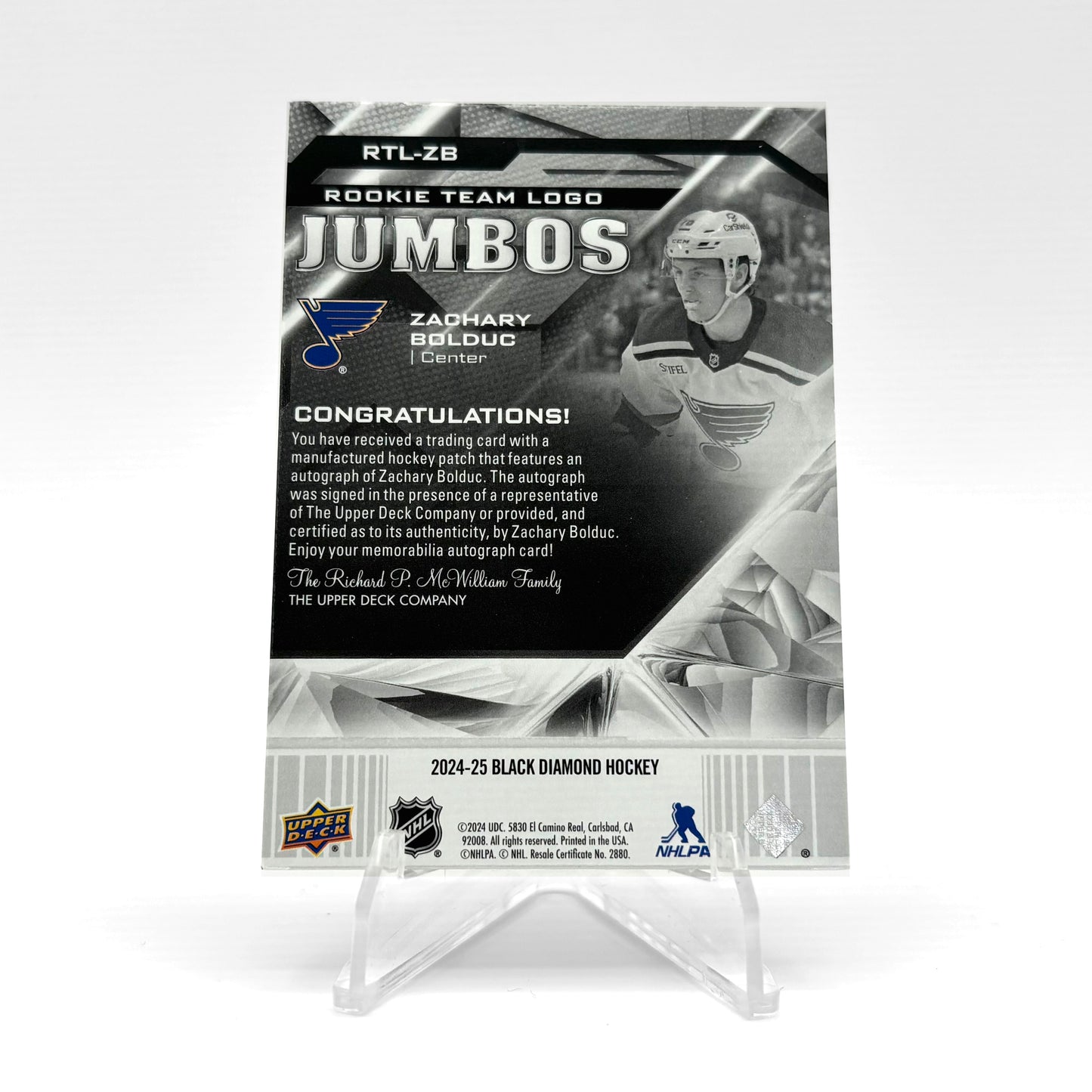 2024-25 - BLACK DIAMOND - ROOKIE TEAM LOGO JUMBOS - ZACHARY BOLDUC 41/49