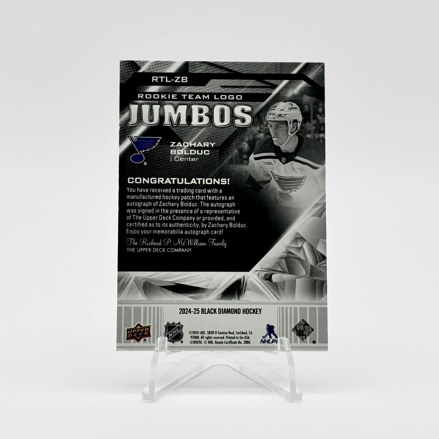 2024-25- BLACK DIAMOND - ROOKIE TEAM LOGO JUMBOS - ZACHARY BOLDUC /99