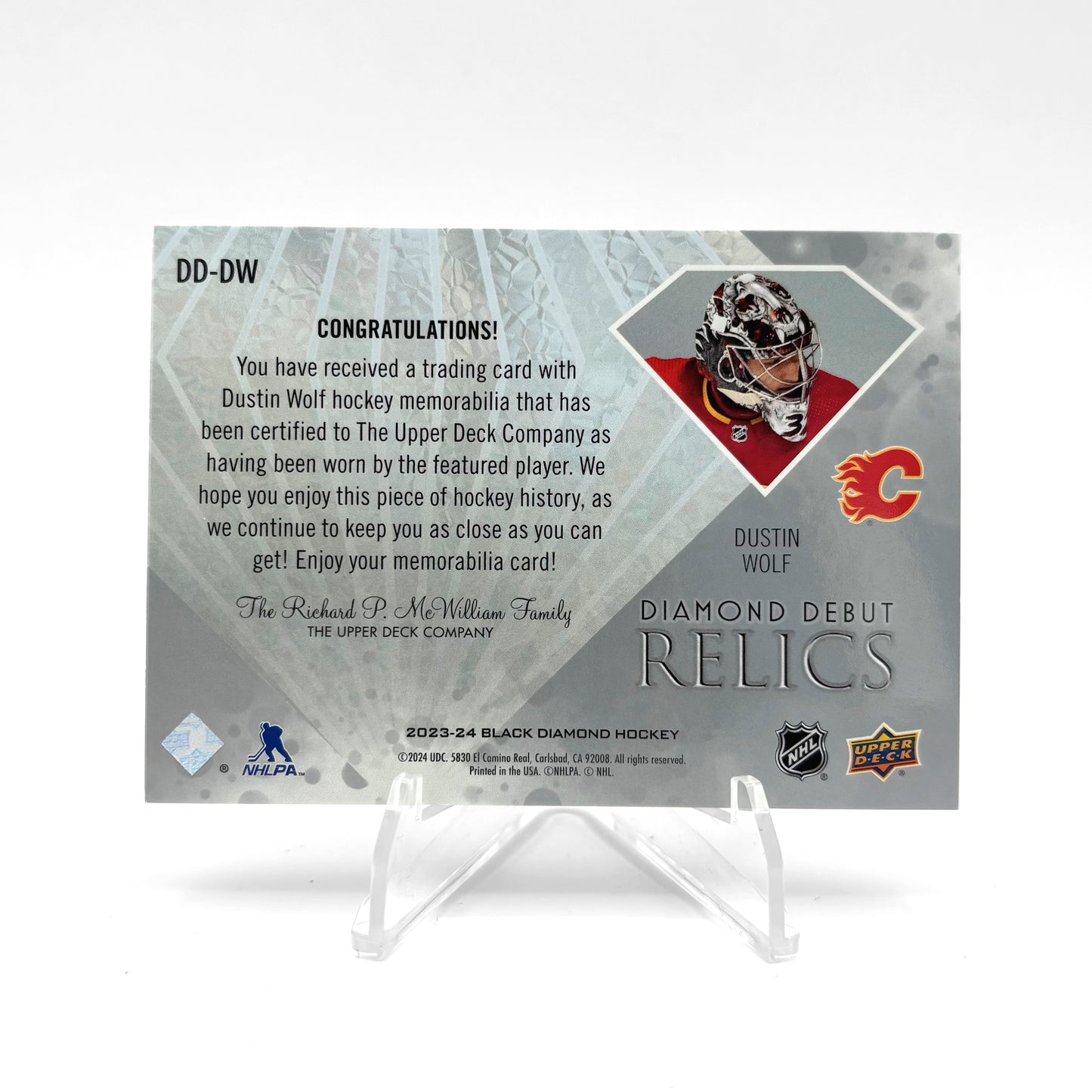 2023-2024- UD BLACK DIAMOND - DIAMOND DEBUT RELICS -  DUSTIN WOLF