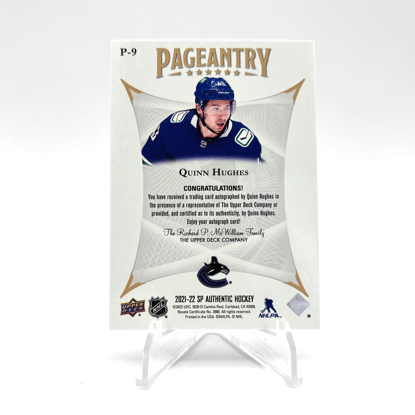 2021-22 - SP AUTHENTIC - PAGEANTRY GOLD - QUINN HUGUES
