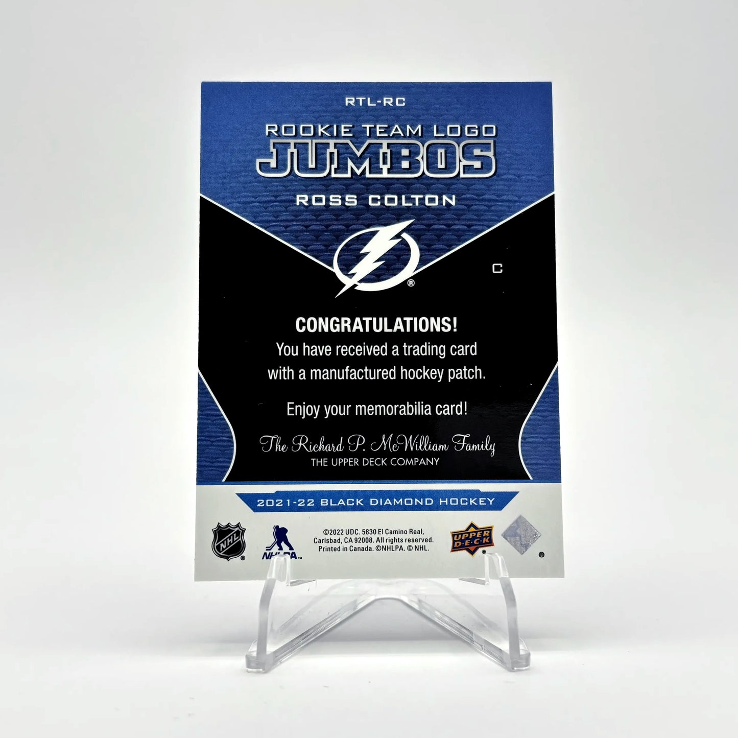 2021-22 - UD BLACK DIAMOND - ROOKIE TEAM LOGO JUMBOS - ROSS COLTON
