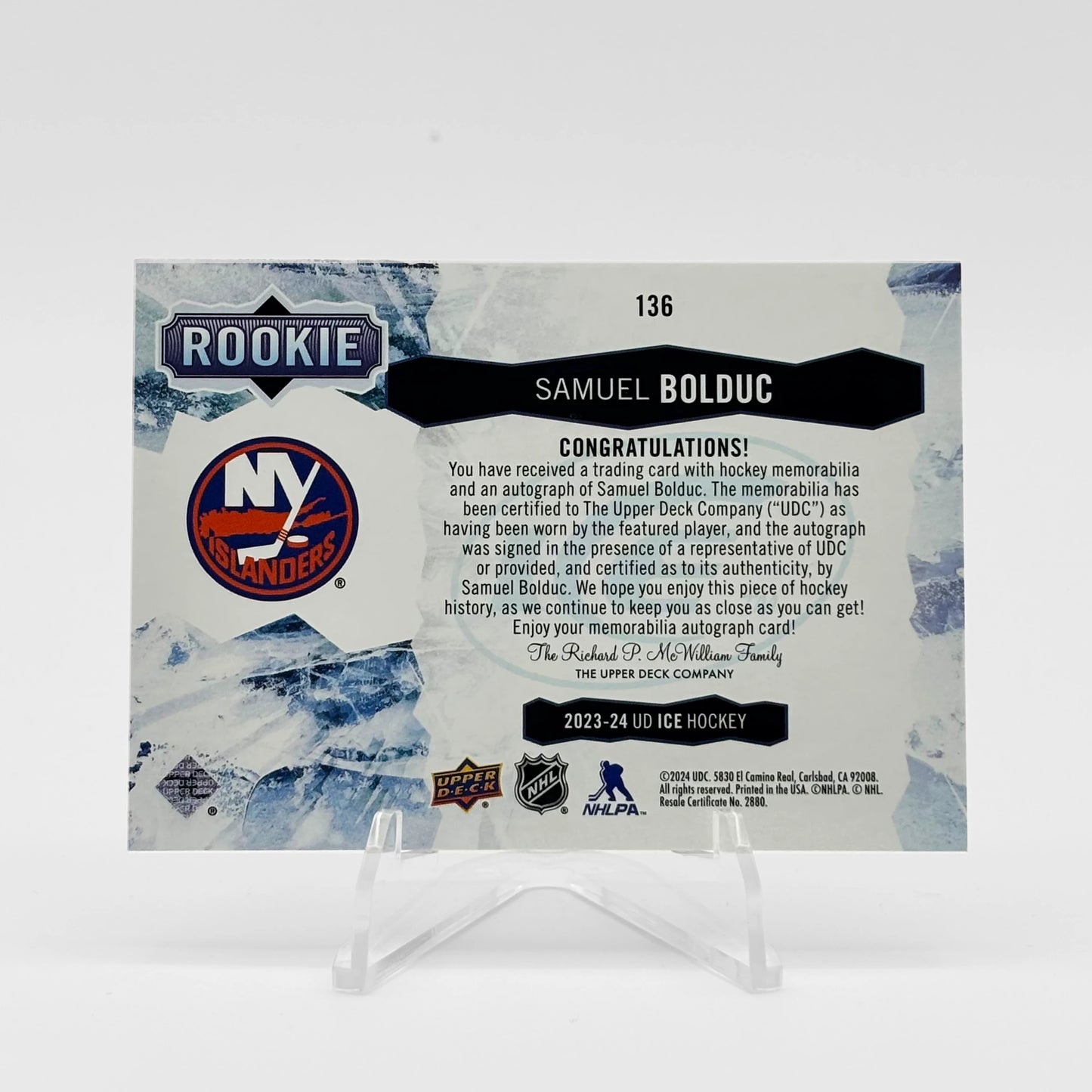 2023-2024- UD ICE - ROOKIE AUTO PATCH - SAM BOLDUC